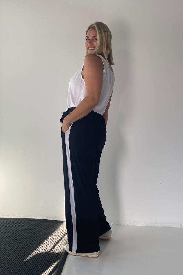 Alexa Bamboo Wide Leg Pant - Black With White Stripe
