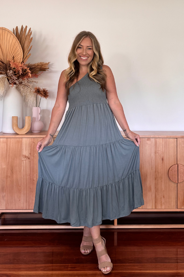 Ivy Bamboo Dress Sage with heels