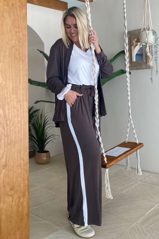 Alexa Bamboo Wide Leg Pant - Chocolate With White Stripe