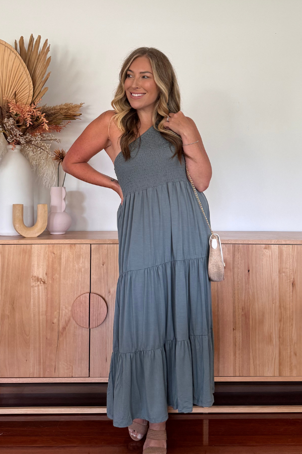 Ivy Bamboo Dress Sage with tiered skirt flow