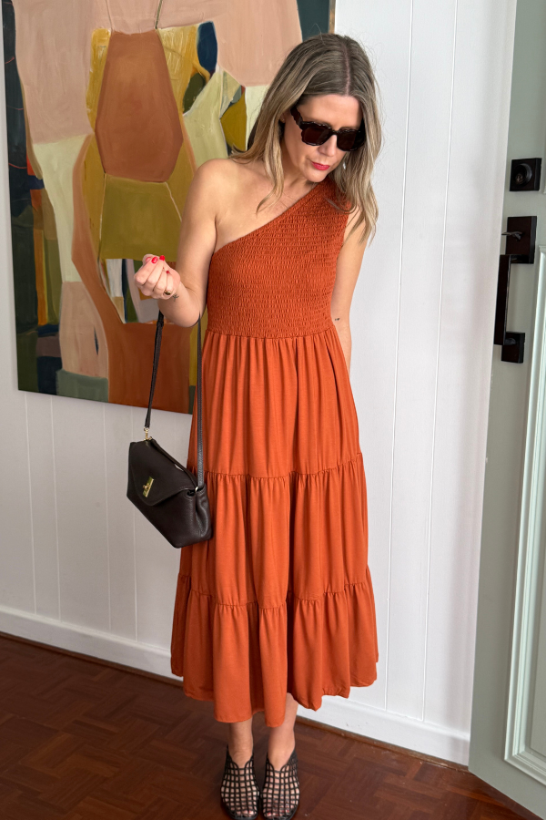 One shoulder Ivy Bamboo Dress in soft bamboo fabric, terracotta colour.