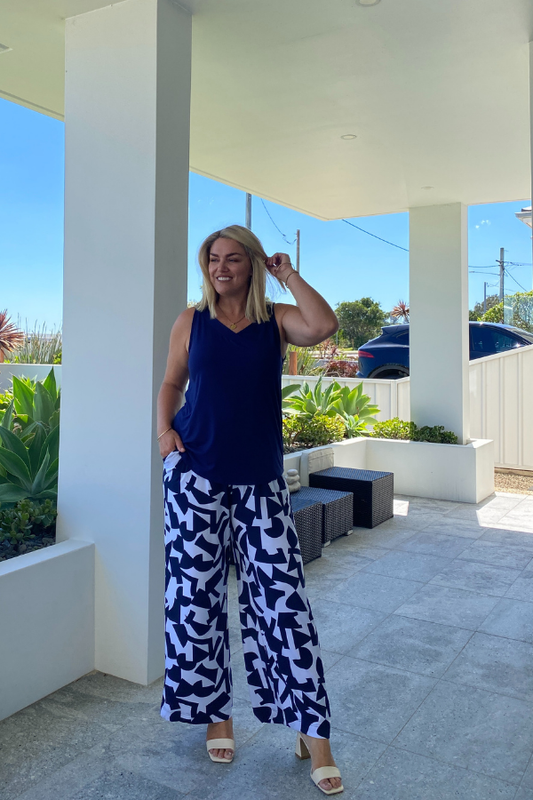 Alexa Bamboo Wide Leg Pant - Navy Abstract