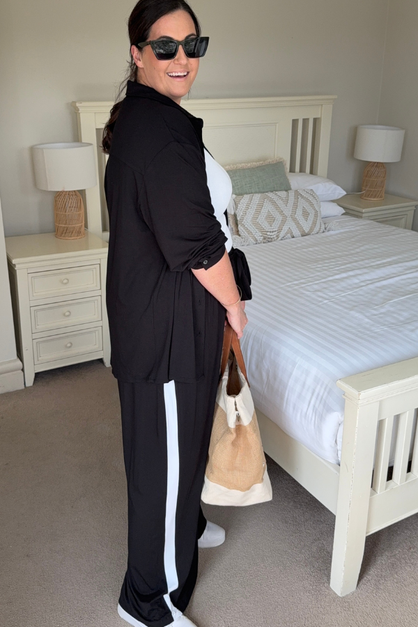 Alexa Bamboo Wide Leg Pant - Black With White Stripe
