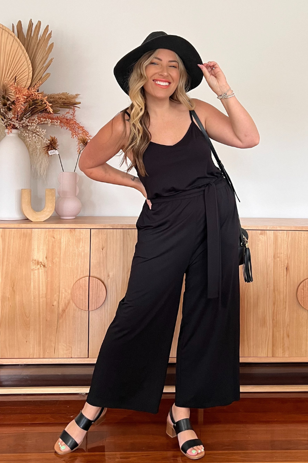 Fay Bamboo Jumpsuit Black styled casually with sandals