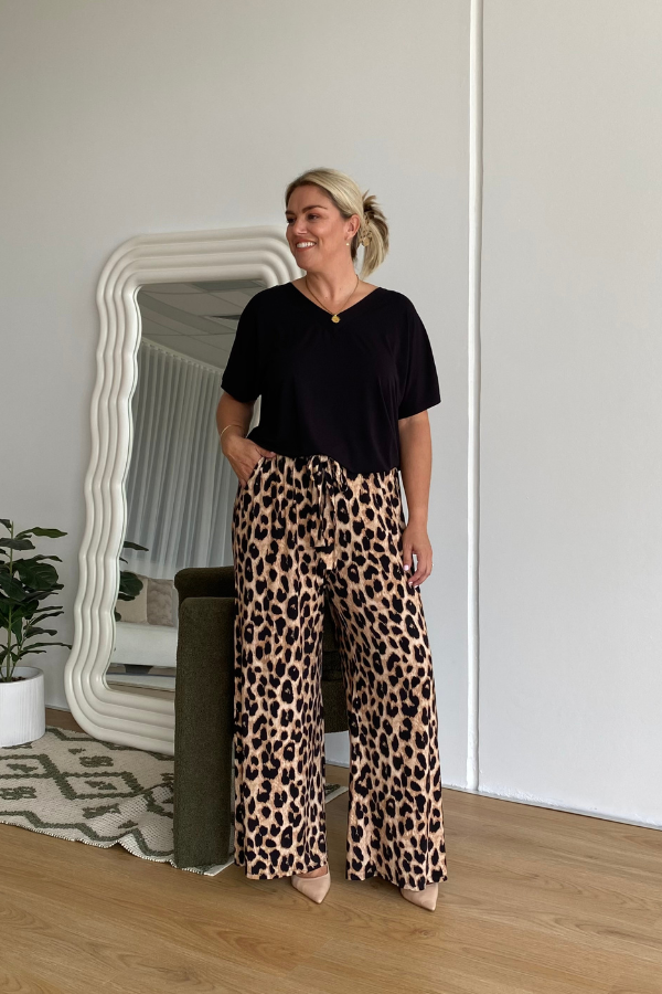 Olivia Bamboo Top in Black styled with Luxe Leopard Alexa Pants