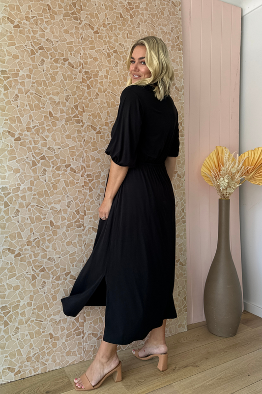 Zia Bamboo Dress - Black 3/4 Sleeve