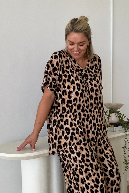 Full-length look of Olivia Bamboo Top in Luxe Leopard showing relaxed oversized fit