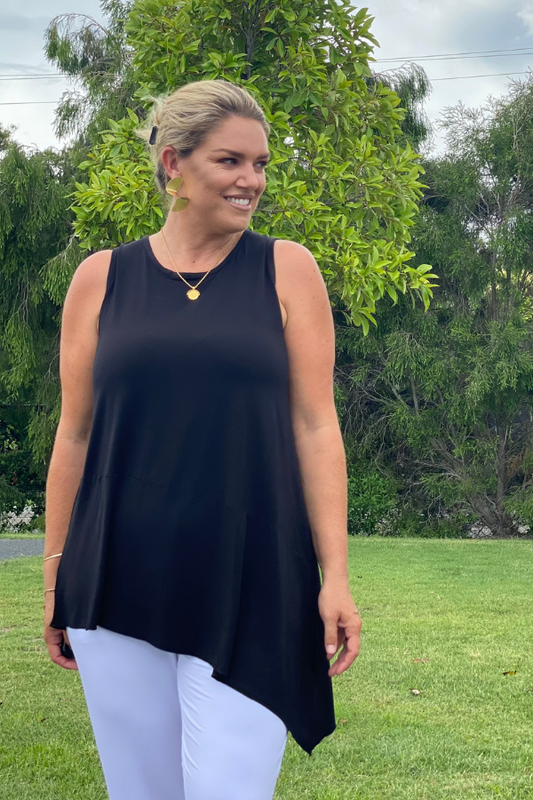 Model wearing Delia Bamboo Sleeveless Top in black – front view