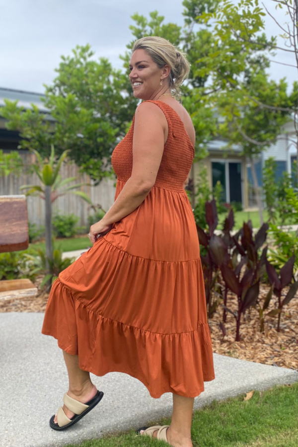 Ivy Bamboo Dress Terracotta with shirred bodice