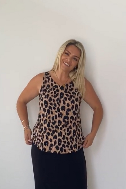 Front view of Luna Bamboo Sleeveless Top in Luxe Leopard showing flattering V-neckline and sleeveless fit.