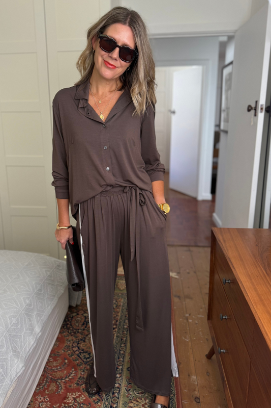 Alexa Bamboo Wide Leg Pant - Chocolate With White Stripe