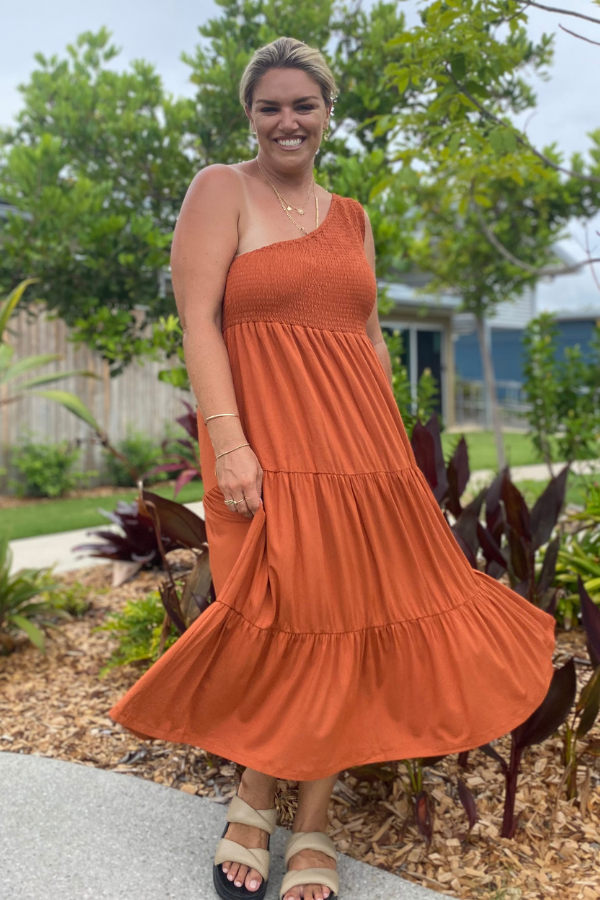 Rust one shoulder dress deals