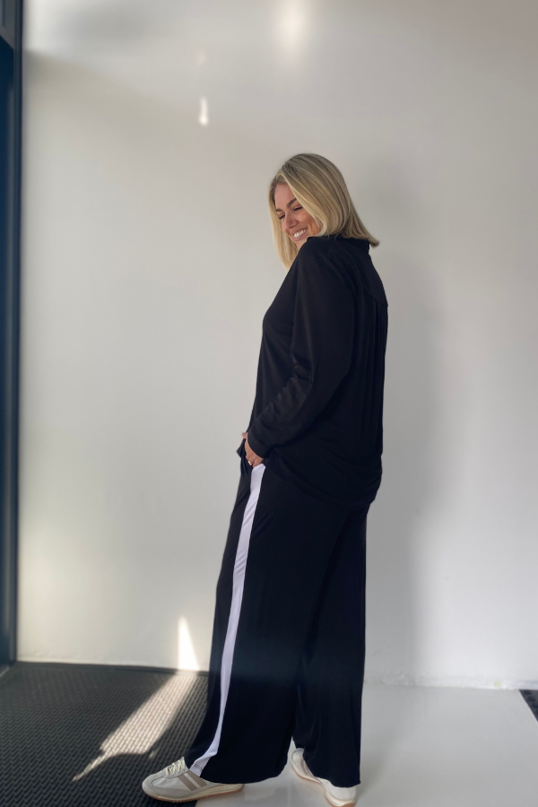Alexa Bamboo Wide Leg Pant - Black With White Stripe