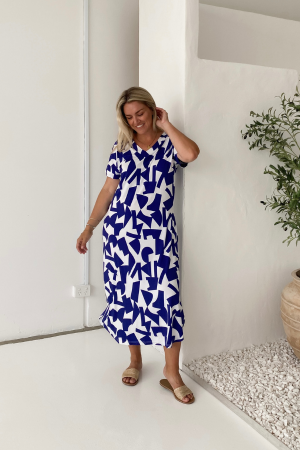 Relaxed-fit bamboo tee dress in navy abstract print, perfect for casual summer outings
