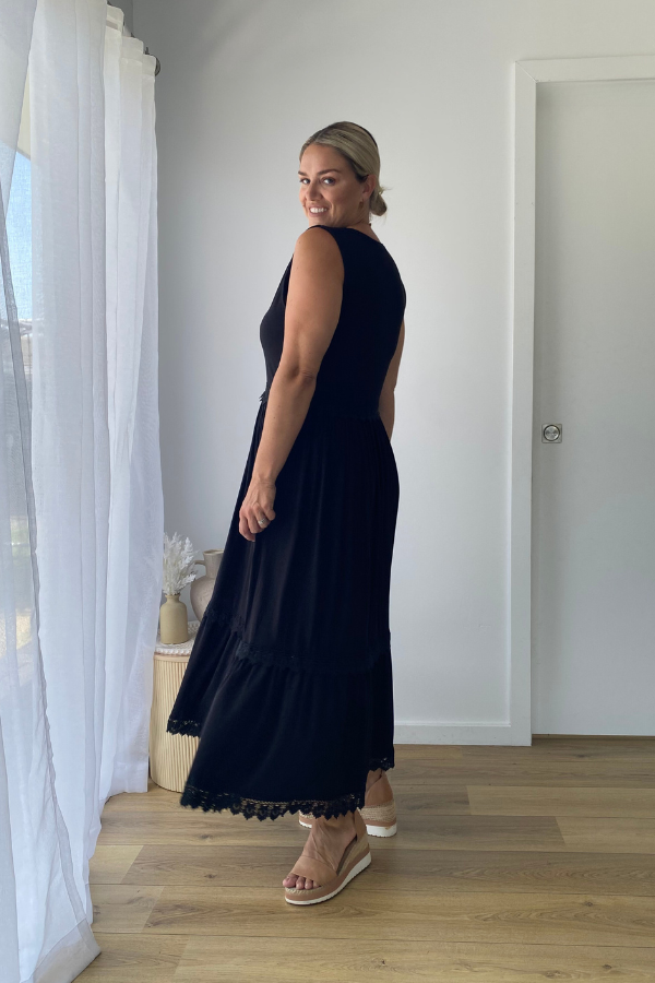 Evangeline Bamboo Maxi Lace Dress in Black with tiered lace skirt