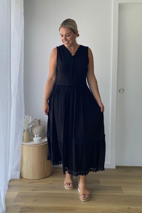 Evangeline Bamboo Maxi Lace Dress Black sleeveless design