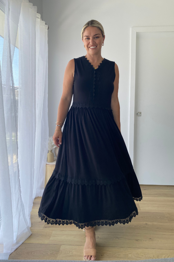 Evangeline Bamboo Maxi Lace Dress in Black with lace detail – Natali The Label
