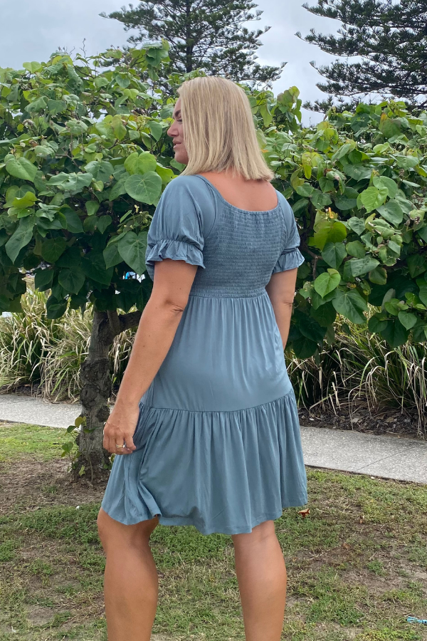 Gemma Bamboo Dress Sage showing elasticated neckline