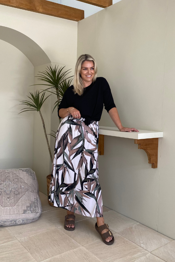 Holly Bamboo Maxi Skirt Tropical Palm with elastic waistband