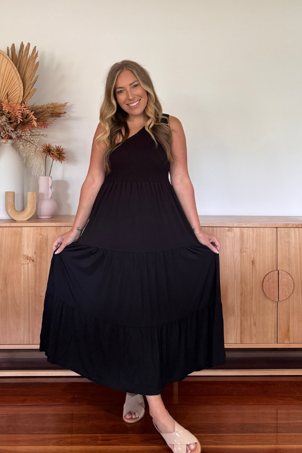 IVY ONE SHOULDER BAMBOO DRESS - BLACK