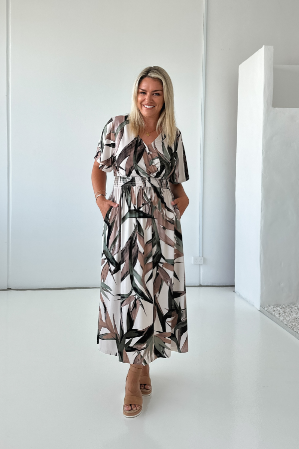 Kylie Bamboo Dress Desert Bloom with shirred waist