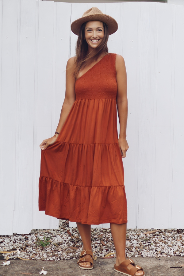 Ivy One Shoulder Bamboo Dress in Terracotta – Natali The Label
