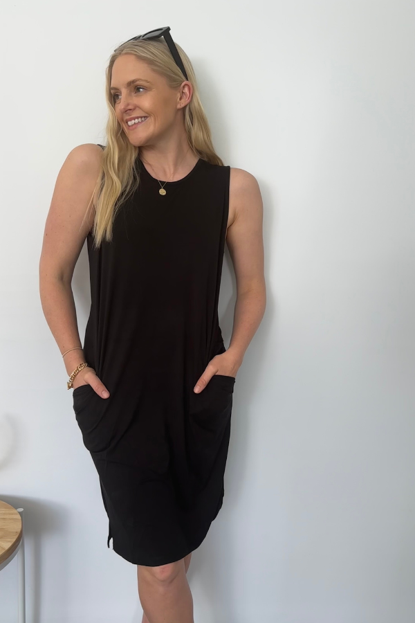 Athena Bamboo Dress Black sleeveless design – Natali The Label