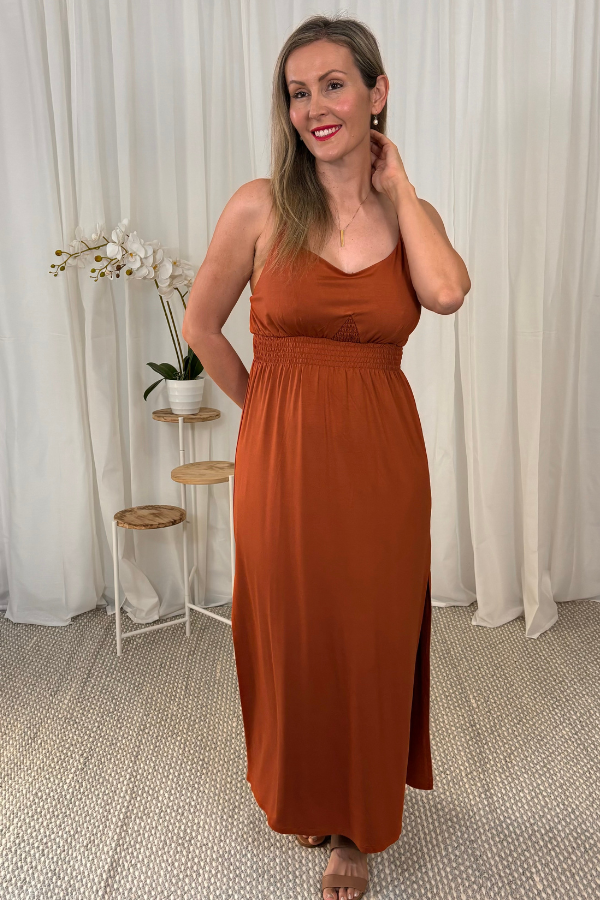 Stella Maxi Bamboo Dress Rust with sandals for daytime