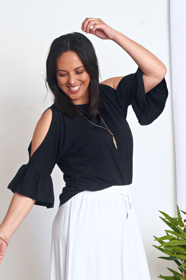 Sofia Bamboo Cold Shoulder Top - Black