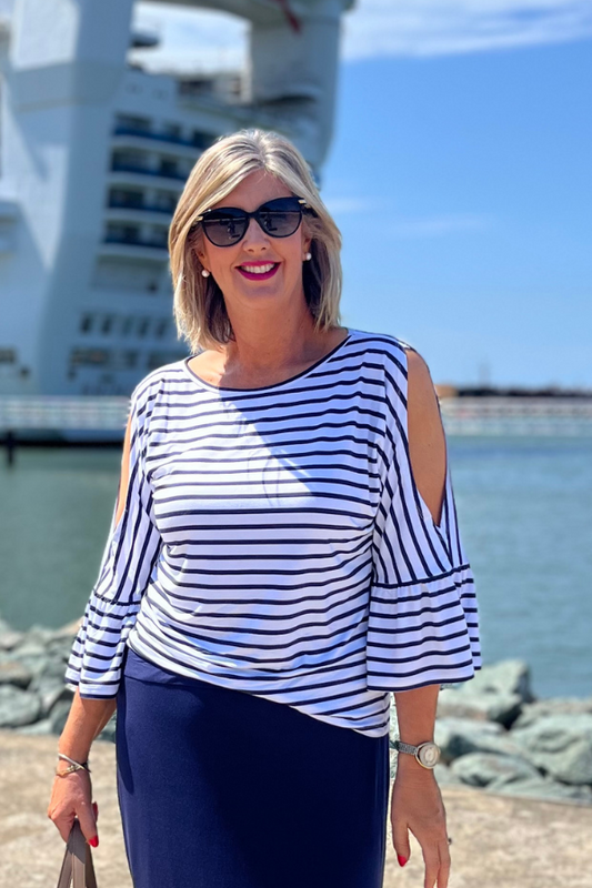 Close-up of Navy Stripe Top by Natali The Label—featuring soft bamboo viscose, classic stripe pattern, and flattering silhouette designed for versatile wear.