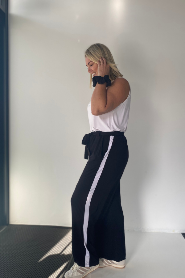 Alexa Bamboo Wide Leg Pant - Black With White Stripe