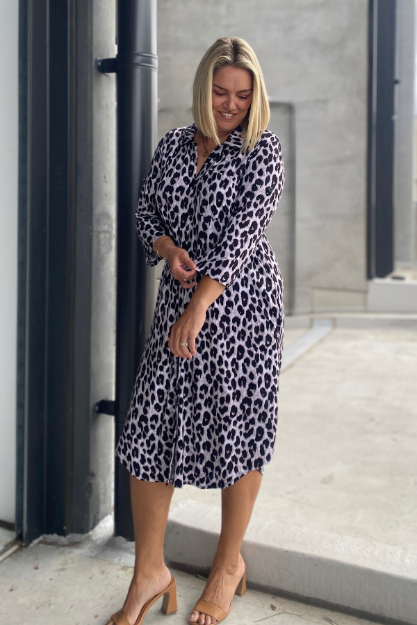 Tyla Bamboo Shirt Dress - Grey Leopard