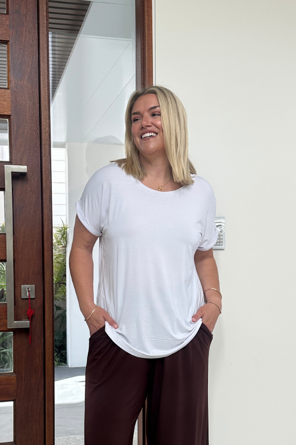 Mila Bamboo Tee in White showing round neckline and relaxed fit