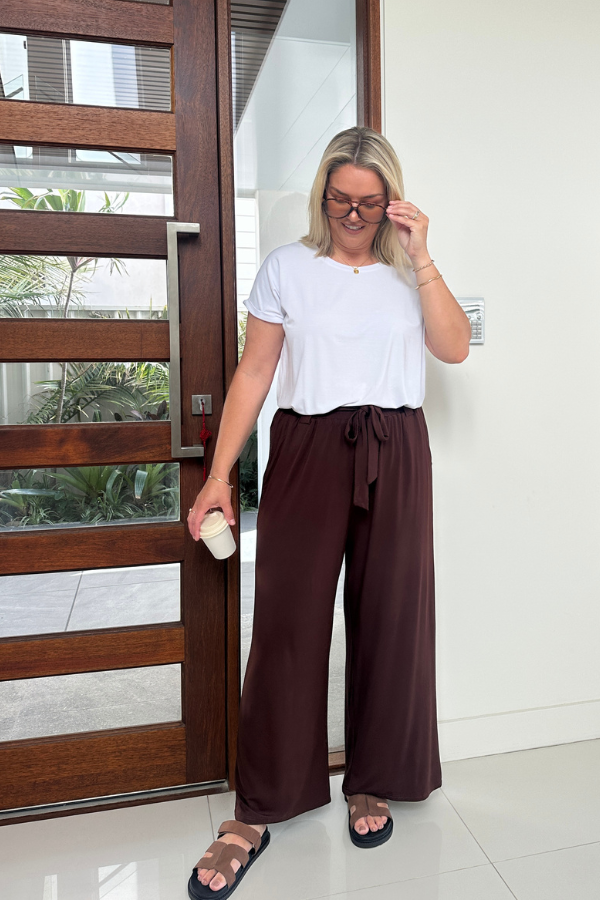 Mila Bamboo Tee in White styled with Alexa bamboo pants, front view