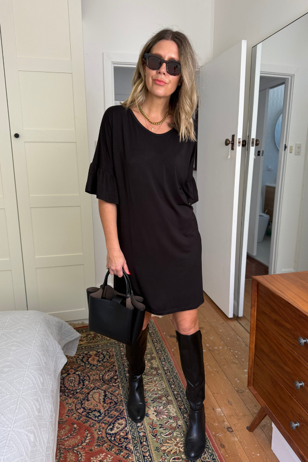 Fotini Bamboo Frill Sleeve Shift Dress – Black