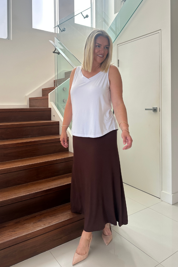 Raya Bamboo Skirt in Chocolate styled with Luna Bamboo Top in White, front view