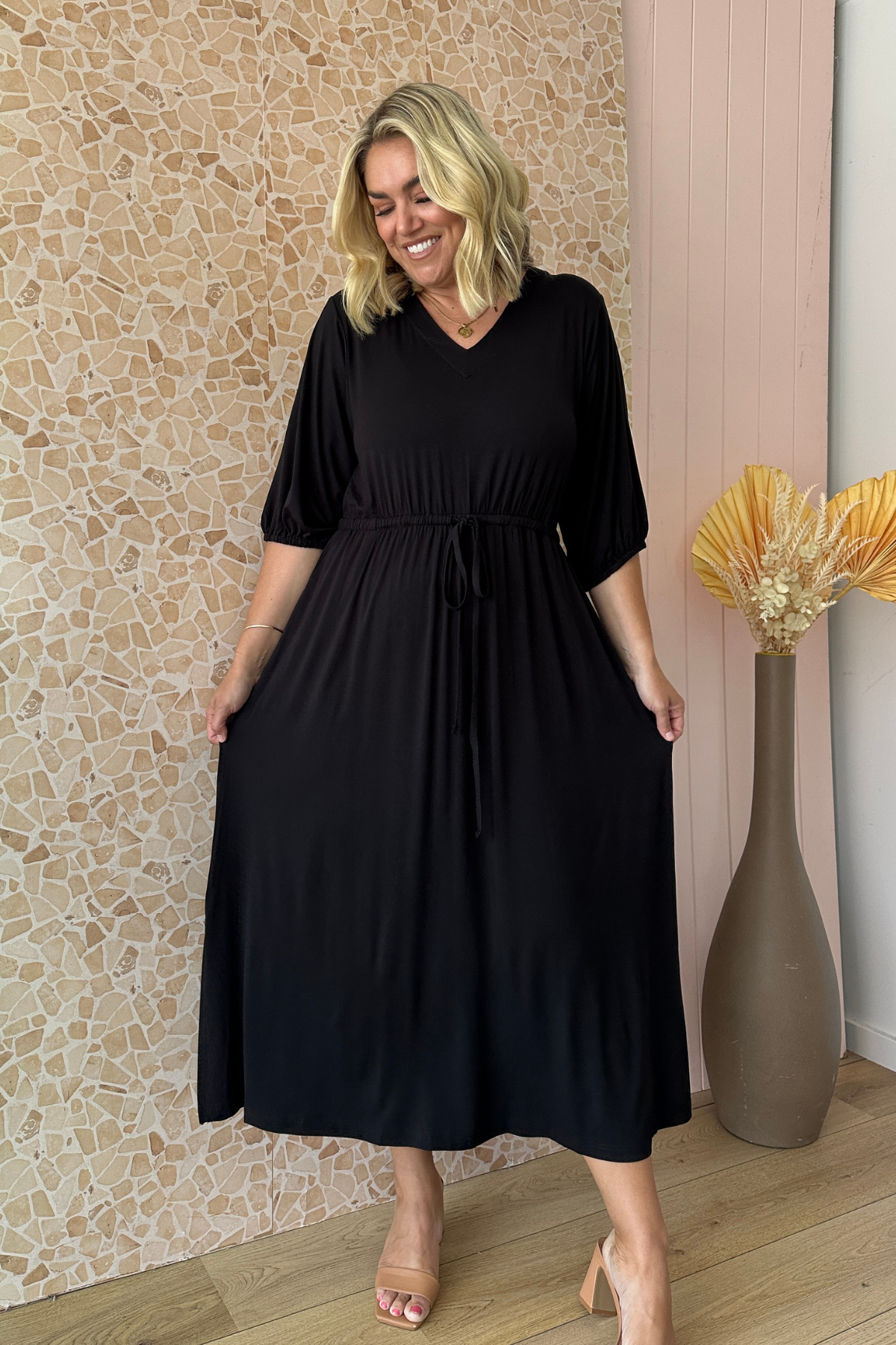 Zia Bamboo Dress - Black 3/4 Sleeve