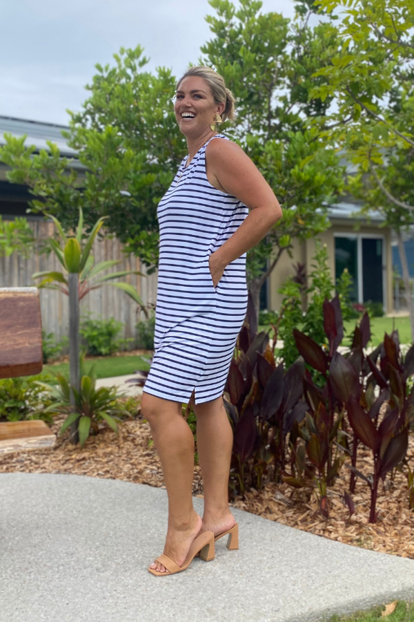 Athena Bamboo Dress - Navy Stripe