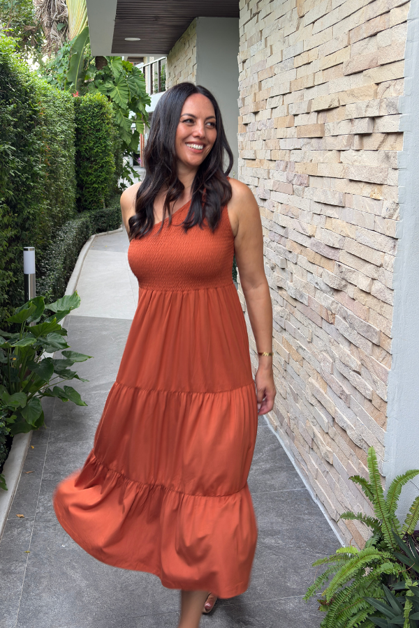IVY ONE SHOULDER BAMBOO DRESS - RUST