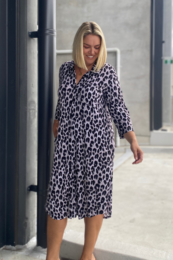 Tyla Bamboo Shirt Dress - Grey Leopard