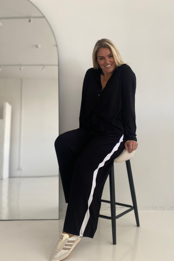 Alexa Bamboo Wide Leg Pant - Black With White Stripe