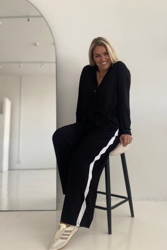 Alexa Bamboo Wide Leg Pant - Black With White Stripe