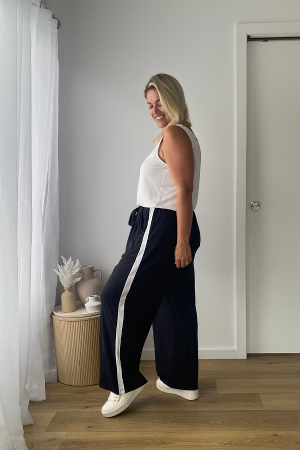 Alexa Bamboo Wide Leg Pant - Storm With White Side Stripe