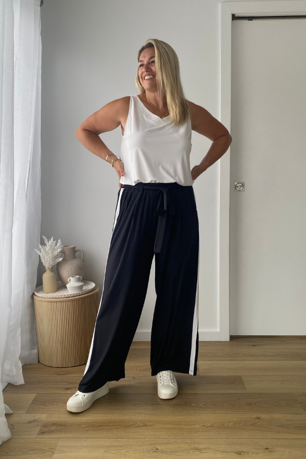 Alexa Bamboo Wide Leg Pant - Storm With White Side Stripe