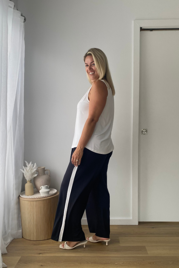 Alexa Bamboo Wide Leg Pant - Storm With White Side Stripe