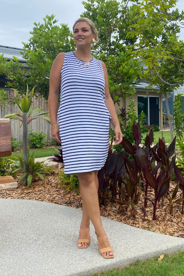 Athena Bamboo Dress - Navy Stripe