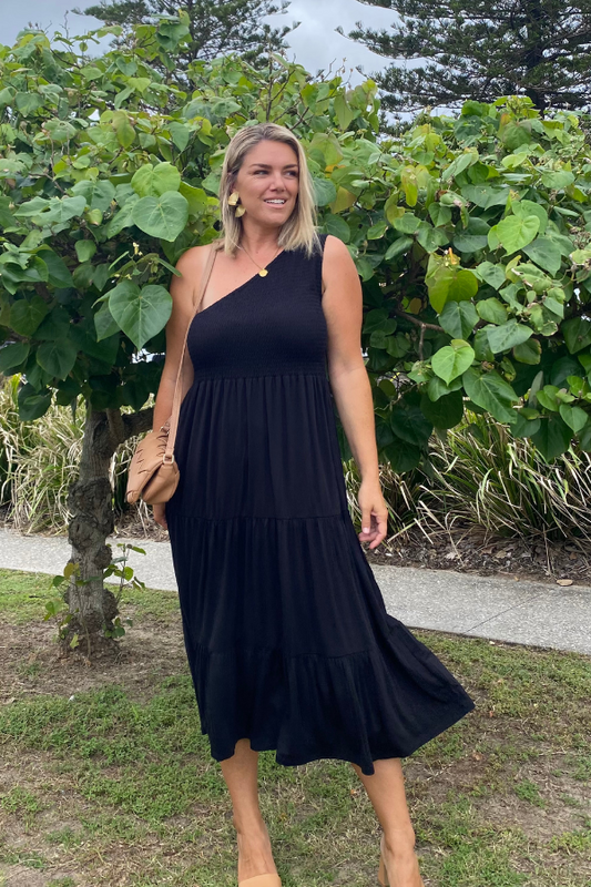 IVY ONE SHOULDER BAMBOO DRESS - BLACK