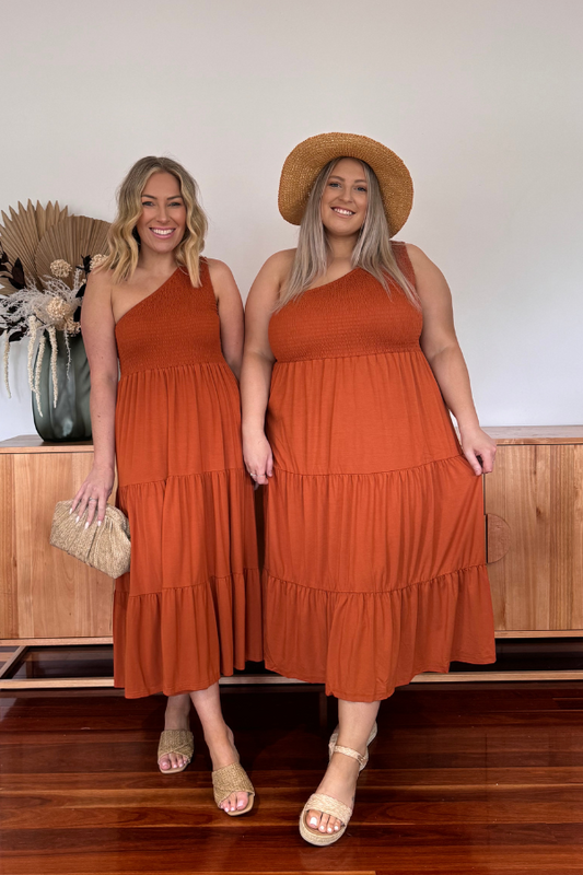 IVY ONE SHOULDER BAMBOO DRESS - RUST