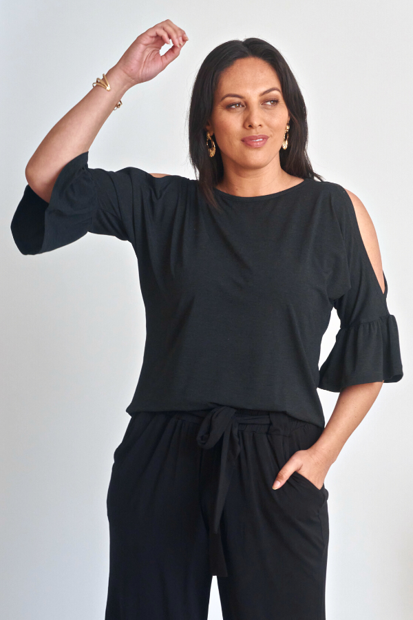 Sofia Cold Shoulder Frill Sleeve Top - Charcoal Marle - Final Sale