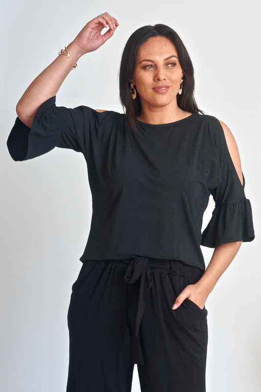 Sofia Cold Shoulder Frill Sleeve Top - Charcoal Marle - Final Sale